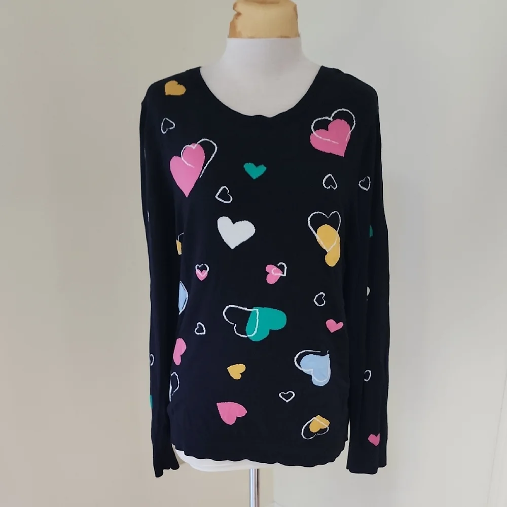 Talbots XL navy Colorful Heart Pattern cotton blend Sweater. - Picture 1 of 8